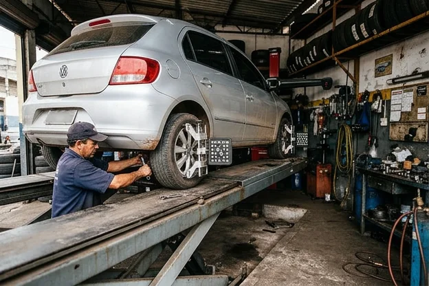 Carro sendo alinhado na borracharia em Muriaé.
