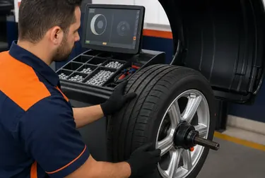 Máquina de balanceamento de rodas ajustando pneus em uma borracharia em Muriaé.