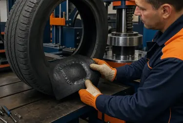 Pneus sendo vulcanizados em uma borracharia em Muriaé.
