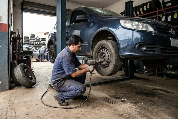 Técnico realizando rodízio de pneus em carro na borracharia em Muriaé.