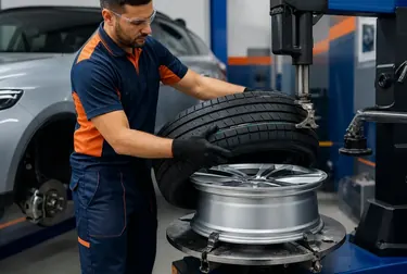 Técnico trocando pneus de carro na borracharia em Muriaé.